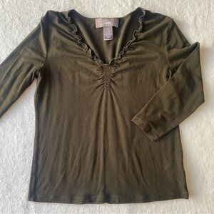 Norton McNaughton Top 3/4 sleeves Ruched Neckline Olive green cozy Vintage